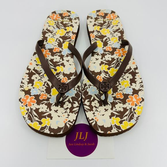 Tory Burch Women's Soho Reverie Walnut Brown Floral Flat Flip Flops 81071 Size 8 - Picture 1 of 14